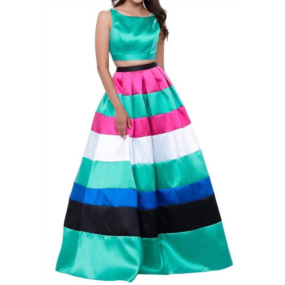 NEW NOX ANABEL 2 piece long striped dress in teal/hot pink/white